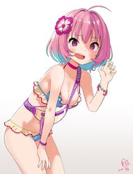  ahoge bikini blue_bikini blue_hair blush bracelet breasts choker dated dot_nose fanny_pack female flower frilled_bikini frills from_side gradient_background green_nails hair_intakes hand_on_own_leg hand_up hibiscus highres idolmaster idolmaster_cinderella_girls idolmaster_cinderella_girls_starlight_stage illust_audio jewelry large_breasts looking_at_viewer multicolored_hair nail_polish open_mouth pink_choker pink_eyes pink_flower pink_hair purple_bracelet short_hair signature simple_background solo swimsuit teeth two-tone_hair upper_teeth_only white_background yumemi_riamu 