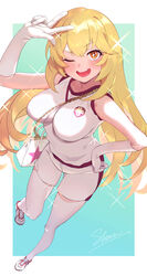  ;d absurdres bag blonde_hair blush breasts brown_eyes commentary_request elbow_gloves emblem female full_body gloves gym_shirt gym_shorts gym_uniform hand_up handbag highres large_breasts long_hair looking_at_viewer one_eye_closed open_mouth school_emblem shirt shoes shokuhou_misaki shorts shou_manjirou sleeveless sleeveless_shirt smile sneakers solo sparkle sparkling_eyes standing star_(symbol) thighhighs thighs toaru_kagaku_no_railgun toaru_kagaku_no_railgun_t toaru_majutsu_no_index tokiwadai_school_gym_uniform very_long_hair w white_footwear white_shirt white_shorts white_thighhighs 