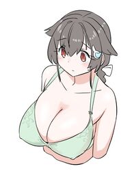  black_hair bra braid breasts cleavage collarbone cropped_torso female from_above green_bra hair_flaps hair_ornament hairclip jingei_(kancolle) kantai_collection large_breasts long_hair low_ponytail red_eyes simple_background single_braid solo tamu_(mad_works) underwear upper_body white_background 