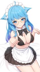  ahoge animal_ear_fluff animal_ears apron bed_sheet bikini black_bikini black_bow black_bowtie black_skirt blue_eyes blue_hair bow bowtie breasts closed_eyes closed_mouth commentary_request detached_collar dog_ears dog_girl female frilled_apron frilled_skirt frills furrowed_brow glasses hands_up highres large_breasts light_blush light_smile looking_at_viewer maid_headdress nanashi_inc. nishino_eri paw_pose round_eyewear simple_background sitting skirt solo souya_ichika swimsuit virtual_youtuber waist_apron white_apron white_background yellow-framed_eyewear 