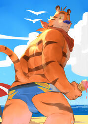  1boy absurdres animal_ears ass_peek bara beach blue_male_swimwear feet_out_of_frame from_behind furry furry_male highres kellogg&#039;s looking_at_viewer looking_back male_focus male_swimwear male_swimwear_pull muscular muscular_male outdoors sanpaku short_hair solo swim_briefs tail thick_eyebrows thighs tiger_boy tiger_ears tony_the_tiger topless_male water yuuko_(yuuko891) 