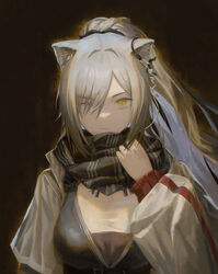  absurdres animal_ears arknights black_background black_scarf cat_ears commentary_request female grey_hair highres jacket long_hair looking_at_viewer one_eye_closed ponytail scarf schwarz_(arknights) solo subfiction upper_body very_long_hair white_jacket yellow_eyes 