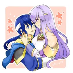  1boy bare_shoulders blue_cape blue_eyes breasts cape circlet female fire_emblem fire_emblem:_genealogy_of_the_holy_war headband holding hug implied_incest jewelry julia_(fire_emblem) long_hair looking_at_another open_mouth ponytail purple_eyes purple_hair seliph_(fire_emblem) simple_background smile white_headband yukia_(firstaid0) 