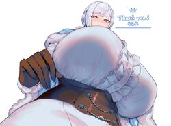  absurdres akershus_fortress_(oshiro_project) black_gloves blue_cape blue_cloak blue_eyes bodysuit braid breasts cape center_frills cloak commentary_request commission corset female fluff frills from_below fur-trimmed_cape fur-trimmed_cloak fur_trim gloves grey_hair highres huge_breasts milk4290 oshiro_project:re padded_cloak shirt skeb_commission tight_clothes white_bodysuit white_shirt 