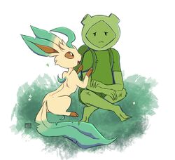  3_fingers adventure_time backpack big_tail brown_eyes cartoon_network crossed_legs daisy_(flower) duo eeveelution elemental_creature elemental_humanoid feral fern_(adventure_time) fingers flora_fauna flower fur generation_4_pokemon grass green_body humanoid leaf leaf_ears leaf_on_head leaf_tail leafeon living_grass male nintendo open_mouth plant pokemon pokemon_(species) quadruped sitting spec_almond_(artist) tail tan_body tan_fur 