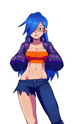  absurdres arms_behind_back asymmetrical_clothes bandeau blue_eyes blue_hair breasts cleavage commentary contrapposto crop_top female frown glasses groin hair_over_one_eye highres jacket k_etrius large_breasts navel orange_bandeau original purple_jacket red-framed_eyewear semi-rimless_eyewear single_pantsleg solo torn_clothes under-rim_eyewear 