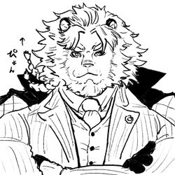  1:1 anthro astosis braided_hair bust_portrait clothing crossed_arms felid hair hi_res japanese_text lifewonders lion live_a_hero male mammal mane monochrome necktie pantherine pinstripe_suit portrait solo suit text topwear vest xkw_ma 