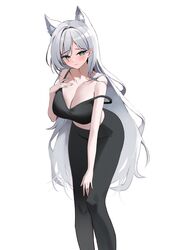  absurdres alternate_costume animal_ear_fluff animal_ears bare_arms black_camisole black_pants blue_archive blush breasts camisole closed_mouth collarbone commentary_request embarrassed extra_ears feet_out_of_frame female grey_eyes grey_hair hair_intakes hand_on_own_knee highres korean_commentary large_breasts leaning_forward long_hair magya416 mismatched_pupils mixed-language_commentary no_halo pants shiroko_(blue_archive) shiroko_terror_(blue_archive) simple_background sleeveless solo strap_slip very_long_hair white_background wolf_ears wolf_girl 