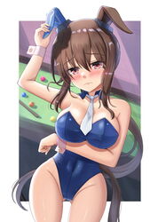  admire_vega_(umamusume) alternate_costume animal_ears arm_up ball billiard_ball billiards blue_leotard blush breasts brown_hair cleavage closed_mouth commentary_request covered_navel cue_stick female frown groin hair_between_eyes highres horse_ears horse_girl large_breasts leotard long_hair looking_at_viewer necktie nontraditional_playboy_bunny pillar ponytail pool_table purple_eyes red_eyes rio_(lio_yuzu) solo table umamusume white_necktie wrist_cuffs 