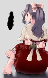  arms_behind_back barefoot bondage bondage bondage bound capelet commentary_request dress female frilled_dress frills gakkou_no_kaidan_(anime) highres koigakubo_momoko long_hair purple_hair red_dress restrained rope sitting soles solo sweat takeguchi_kouhei white_capelet 