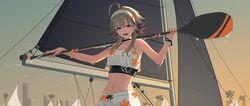  :d ahoge arknights bare_arms bare_shoulders camisole commentary crop_top female grey_eyes grey_hair hairband highres holding holding_oar long_hair looking_at_viewer mayer_(arknights) midriff navel northkiyou oar open_mouth outdoors smile solo stomach upper_body white_hairband 