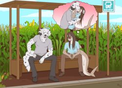  2021 anthro bench big_tail biped bird_dog black_spots bottomwear canid canine canis carpet_shark chest_tuft claws clothed clothing corn cornstalks countershade_face countershade_tail countershade_torso countershading cutaway dalmatian day domestic_dog dorsal_fin duo eyebrows eyewear fin fish floppy_ears fluffy fluffy_ears fluffy_tail food footwear fuf glasses golden_retriever green_body hair hi_res hug hunting_dog kissing long_hair looking_at_another male male/male mammal marine markings mixed_breed multicolored_body on_bench open_mouth open_smile outside pants plant retriever shark shirt shoes sitting smile spots spotted_body tail tail_fin teeth thought_bubble toby_(rileyrivers) tongue topwear tuft two_tone_body whale_shark white_body 