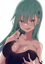  absurdres alternate_costume aqua_hair black_tank_top breasts cleavage collarbone commentary_request female good_meat_day green_eyes hair_ornament hairclip highres kantai_collection lanthan large_breasts long_hair open_mouth simple_background solo strap_slip suzuya_(kancolle) tank_top teeth upper_body upper_teeth_only white_background 