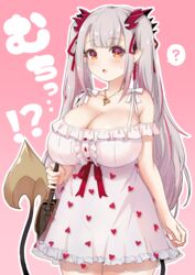  :o ? bag blunt_bangs blush bow breasts buttons center_frills cleavage commentary_request cowboy_shot demon_girl demon_horns demon_tail dress expressionless female frilled_dress frills gradient_background grey_hair groin hair_ribbon handbag heart heart_print highres honey_strap horns jyaco large_breasts long_hair looking_at_viewer medium_bangs multicolored_hair nanashi_inc. open_mouth outline pink_background pink_hair pointy_ears print_dress red_bow red_horns red_ribbon ribbon short_dress solo spoken_question_mark streaked_hair suou_patra tail two-tone_hair virtual_youtuber white_bow white_dress white_outline 