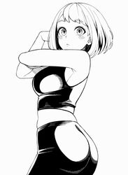  ass boku_no_hero_academia cross-body_stretch female from_side greyscale high-waist_pants highres kobaji light_blush monochrome pants solo sportswear stretching uraraka_ochako yoga_pants 