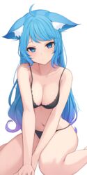  ahoge alternate_costume animal_ear_fluff animal_ears black_bra black_panties blue_eyes blue_hair blush bra breasts breasts_squeezed_together cleavage closed_mouth commentary_request dog_ears dog_girl expressionless female floppy_ears full_body gradient_hair highres large_breasts long_hair looking_at_viewer medium_bangs multicolored_hair nanashi_inc. navel nishino_eri panties purple_hair simple_background sitting solo souya_ichika underwear underwear_only virtual_youtuber wariza white_background 