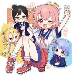  4girls :3 black_hair blonde_hair blue_hair blue_sailor_collar blue_shirt blunt_bangs blush brown_eyes chibi chibi_inset clothes_around_waist commentary_request glasses hair_bun hair_ornament half_updo hayata_yui head_rest headphones headphones_around_neck highres hongou_ichigo hood hood_down hoodie jacket jacket_around_waist kaijou_akane knees_up long_hair looking_at_viewer loose_socks multiple_girls neck_ribbon nichiasa_igai_wa_yattemasu! one_eye_closed open_mouth pink_hair purple_eyes raised_eyebrows red_eyes red_footwear red_jacket red_ribbon ribbon sailor_collar school_uniform serafuku serizawa_hiromi shirt shoes short_hair short_ponytail single_hair_bun smile sneakers socks star_(symbol) star_hair_ornament thick_eyebrows twintails v white_socks yasashii_naizou yellow_eyes yellow_hoodie 