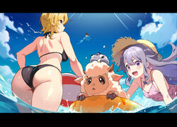  2girls ass ball bare_shoulders beachball bikini black_bikini blonde_hair blue_sky breasts casual_one-piece_swimsuit center-flap_bangs character_request closed_mouth cloud commentary_request cowboy_shot day diffraction_spikes double-parted_bangs flying from_behind galon_(kaela_kovalskia) gradient_hair hair_between_eyes hair_flaps hat highres hololive hololive_english hololive_indonesia innertube jewel_under_eye kaela_kovalskia kaela_kovalskia_(penguin) koseki_bijou large_breasts letterboxed long_hair looking_at_another looking_back median_furrow multicolored_hair multiple_girls one-piece_swimsuit open_mouth outdoors pebble_(koseki_bijou) pink_hair popo_(popo0cat) profile purple_eyes purple_hair purple_one-piece_swimsuit red_eyes sheep short_hair shoulder_blades sidelocks simple_bird sky small_breasts smile standing straw_hat sun sunlight swim_ring swimsuit v-shaped_eyebrows virtual_youtuber water 