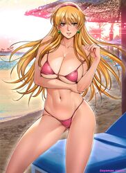  arm_under_breasts beach beach_umbrella bikini blonde_hair blush breasts brown_eyes chair commentary_request day earrings feet_out_of_frame female floating_hair gundam hairband highres jewelry katejina_loos large_breasts long_hair looking_at_viewer lounge_chair navel ocean outdoors oyaman parted_lips photo_background pink_bikini pink_hairband sand shore smile solo standing stomach strap_pull string_bikini sunlight swimsuit teeth twitter_username umbrella victory_gundam 