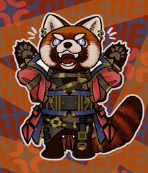  ailurid anthro belt claws crimzon_ruze ear_piercing ear_ring fruit_cup_keys hi_res hololive hololive_en male mammal pawpads piercing purple_eyes red_panda ring_piercing screaming sharp_teeth solo teeth vtuber 