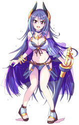  absurdres alternate_costume bikini blue_eyes blush breasts cleavage collarbone commentary_request female full_body hair_ornament hairclip highres horns looking_at_viewer medium_breasts navel open_mouth princess_connect! purple_eyes rapier rei_(princess_connect!) rei_(summer)_(princess_connect!) sandals solo swimsuit sword teeth upper_teeth_only weapon wet white_background yamada_(hvcij) 