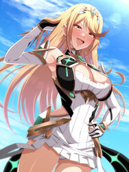  absurdres arm_guards backless_dress backless_outfit bare_legs bare_shoulders blonde_hair blue_sky breasts cleavage_cutout clothing_cutout cowboy_shot dress drop_earrings earrings elbow_gloves female gloves hand_on_own_hip highres jewelry long_hair looking_at_viewer mebi_il microdress mythra_(xenoblade) panties pantyshot sky sleeveless sleeveless_dress smile solo star_(symbol) star_earrings swept_bangs tiara underwear white_dress xenoblade_chronicles_(series) xenoblade_chronicles_2 