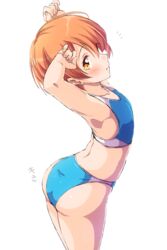  arms_up ass blush closed_mouth commentary_request cowboy_shot female flat_chest highres hoshizora_rin looking_at_viewer looking_to_the_side love_live! love_live!_school_idol_project orange_eyes orange_hair sen_(sen0910) short_hair simple_background solo sportswear standing stretching translation_request white_background 