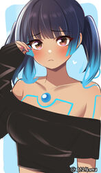  alternate_hairstyle artist_name blue_hair blush breasts collarbone commentary crop_top english_commentary eyelashes female frown gradient_hair heart multicolored_hair namu_(112namu) off-shoulder_shirt off_shoulder pink_nails sena_(xenoblade) shirt twintails two-tone_hair upper_body xenoblade_chronicles_(series) xenoblade_chronicles_3 