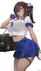  bag black_hair blue_necktie breasts brown_eyes chilakkk collared_shirt dark-skinned_female dark_skin female goddess_of_victory:_nikke gyaru hair_ornament hair_over_one_eye highres holding holding_phone jewelry large_breasts long_hair looking_at_viewer mole mole_under_mouth mouth_hold naga_(nikke) necktie phone school_uniform scrunchie shirt short_sleeves shoulder_bag side_ponytail skirt solo thigh_strap white_background white_shirt wrist_scrunchie 