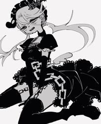  arrow_(projectile) arrow_in_body arrow_in_head between_legs blush boots breasts chains dress elbow_gloves female frilled_sleeves frills gloves greyscale hair_between_eyes hand_between_legs heart highres impaled lace long_hair looking_at_viewer low_twintails magical_girl maid_headdress monochrome object_through_head open_mouth puffy_short_sleeves puffy_sleeves rui_(tai_sekaiyou_mahou_shoujo_tsubame) seiza sharp_teeth short_sleeves simple_background sitting small_breasts solo tai_sekaiyou_mahou_shoujo_tsubame tears teeth thighhighs twintails una_(mazinger) wings 