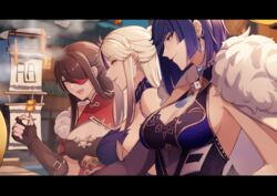  3girls :d absurdres beidou_(genshin_impact) blue_hair breasts brown_gloves brown_hair cleavage closed_mouth earrings elbow_gloves eyepatch fingerless_gloves food from_side genshin_impact gloves green_eyes highres holding jewelry large_breasts long_hair looking_at_another mole mole_on_breast multiple_girls night ningguang_(genshin_impact) one_eye_covered open_mouth outdoors pnatsu red_eyes sidelocks smile steam upper_body white_hair yelan_(genshin_impact) 