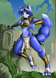  2023 accessory angrycontra anthro bandeau black_nose blue_body blue_fur blue_hair bottomwear breasts canid canine choker circlet clothed clothing dipstick_tail eyebrows eyelashes feet female footwear fox fur furgonomics grass green_eyes hair hair_accessory hairband hi_res inner_ear_fluff jewelry krystal_(star_fox) loincloth looking_at_viewer mammal markings medium_breasts necklace nintendo no_underwear outside plant sandals short_hair shoulder_guards smile solo star_fox tail tail_accessory tail_markings tailband topwear tree tuft white_body white_fur 