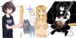  3girls :o absurdres ahoge animal_ears black_hair black_shirt blind_girl_(popopoka) blonde_girl_(popopoka) blue_eyes bra cat_baguette_(popopoka) character_print collarbone crossed_bangs crying dog_ears dog_girl english_text flat_chest freckles frown hair_between_eyes highres holding hood hoodie looking_at_another multiple_girls no_shirt original playing_guitar popopoka pout shirt short_hair short_sleeves sitting speech_bubble underwear unworn_shirt white_bra 