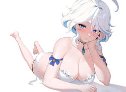  :/ ahoge alternate_breast_size alternate_costume arm_rest arm_ribbon bare_legs bare_shoulders barefoot bikini black_choker blue_eyes blue_gemstone blue_ribbon breasts brooch choker cleavage closed_mouth collarbone elbow_rest expressionless female foreshortening frilled_bikini frills furina_(genshin_impact) gem genshin_impact hair_between_eyes hand_on_own_cheek hand_on_own_face hand_up head_on_hand head_rest heterochromia highres jewelry large_breasts legs_up lessone light_blush looking_at_viewer lying multicolored_hair on_stomach purple_eyes ribbon short_hair side-tie_bikini_bottom simple_background solo strapless strapless_bikini streaked_hair string_bikini swimsuit thigh_strap two-tone_hair white_background white_bikini white_hair 