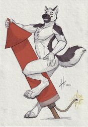  2017 absurd_res anthro canid canine canis chest_tuft dated domestic_dog german_shepherd grin head_tuft herding_dog hi_res hufnaar male male_anthro mammal narrowed_eyes nude partially_colored pastoral_dog rocket side_view simple_background slim_anthro slim_male smile solo standing tuft 