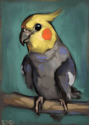  2021 alexpahomov avian beak bird black_eyes branch cockatiel cockatoo digital_media_(artwork) digital_painting_(artwork) feathers feet feral grey_beak grey_body grey_feathers on_branch painting_(artwork) parrot red_cheeks simple_background solo talons teal_background toes wings yellow_body yellow_feathers yellow_head 