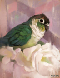  2021 alexpahomov avian beak biped bipedal_feral bird black_beak black_head brown_eyes digital_media_(artwork) digital_painting_(artwork) feathers feral green_body green_feathers green_neck green_wings multicolored_body multicolored_feathers on_flower painting_(artwork) parakeet parrot solo true_parrot white_chest wings 