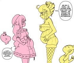  ._. 2girls 2others :3 absurdres animal_ears belt_bow beret big_belly blush bow breasts chest_bow choker cupid cupii_(kumu_cotton) drill_hair drill_sidelocks english_text fishnets gyaru hairbow hat heart heartsync highres huge_breasts jewelry kumu_cotton large_breasts lifeline_(siena_olena) long_hair multiple_girls multiple_others multiple_pregnancy necklace outie_navel partially_colored pearl_necklace pout pregnant seal_(animal) shorts side_drill sidelocks siena_olena siena_olena_(artist) smile tail tearing_up tiger tiger_ears tiger_tail virtual_youtuber white_background wings 