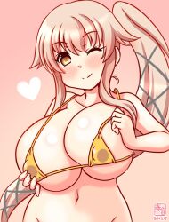 artist_logo bikini breasts brown_eyes commentary_request covered_nipples cowboy_shot dated female gold_bikini hair_ribbon heart kanon_(kurogane_knights) kantai_collection large_breasts logo micro_bikini one-hour_drawing_challenge one_eye_closed out-of-frame_censoring pink_hair ribbon side_ponytail solo swimsuit upper_body yura_(kancolle) 