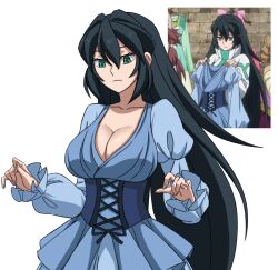  black_hair blue_dress breasts collarbone corset dress female green_eyes gundam gundam_build_divers gundam_build_divers_re:rise highres juliet_sleeves large_breasts long_hair long_sleeves may:be may_(gundam_build_divers_re:rise) multiple_views puffy_sleeves simple_background upper_body very_long_hair white_background 