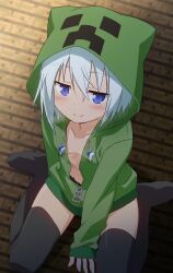  absurdres blue_eyes blush breasts cleavage creeper curakuru female green_jacket highres jacket long_sleeves looking_at_viewer minecraft short_hair small_breasts smile solo thighhighs thighs white_hair zipper 