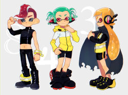  1boy 2girls agent_3_(splatoon) agent_4_(splatoon) agent_8_(splatoon) anklet bandaid bandaid_on_head behind-the-head_headphones bike_shorts black_cape black_footwear black_jacket black_pants black_shirt black_shorts boots cape character_name clenched_hand closed_mouth commentary_request crop_top full_body green_hair grey_background grey_eyes hand_on_own_hip headphones high-visibility_clothing high-visibility_vest hood hood_down hooded_jacket inkling jacket jewelry long_hair midriff multiple_girls navel octoling orange_hair pants red_eyes red_hair sakino_(sanodon) shirt short_hair short_twintails shorts sidelocks single_sleeve smile splatoon_(series) splatoon_2 split_mouth squidbeak_splatoon standing tentacle_hair torn_cape torn_clothes twintails twirling_hair wristband yellow_jacket zipper zipper_pull_tab 