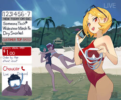  1boy 3girls beach blonde_hair blue_one-piece_swimsuit blue_sky blush breasts brown_one-piece_swimsuit cellphone chaucer_(some1else45) check_commentary commentary_request english_text eyewear_on_head fake_screenshot frilled_one-piece_swimsuit frills goggles hands_up highres hipa_(some1else45) holding hug long_hair looking_at_viewer medium_breasts medium_hair midair multiple_girls nahia_(some1else45) one-piece_swimsuit open_mouth original outdoors palm_tree phone red_eyes red_hair red_one-piece_swimsuit sekoshi_(some1else45) sky small_breasts smartphone snorkel some1else45 splashing sunglasses swimsuit tree 