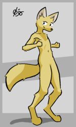  2023 anthro arms_by_side binary_drawing black_eyes black_nose canid canine cel_shading daleport996 digitigrade eyebrows featureless_crotch featureless_feet feet fennec_fox fist fox full-length_portrait fur grey_background inner_ear_fluff joey_(daleport996) looking_at_viewer male mammal navel nude outline portrait raised_eyebrow shaded signature simple_background smile solo standing tail thick_tail thrusting true_fox tuft yellow_body yellow_fur 