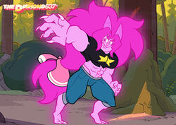  2_horns 2_toes abs alien ambiguous_gender anthro bottomwear cartoon_network claws clothing crop_top denim denim_bottomwear denim_clothing fan_character feet fusion gem gem_(species) gem_fusion glowing hair hi_res horn jacket jasper_(steven_universe) jeans muscular muscular_anthro pants pink_body pink_hair ponytail shirt smile solo steven_quartz_universe steven_universe thediamond637 toes topwear 