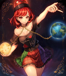  absurdres bare_shoulders black_shirt breasts chains clothes_writing collar commentary_request cowboy_shot earth_(ornament) female frilled_skirt frills gradient_background hecatia_lapislazuli highres looking_at_viewer miniskirt moon_(ornament) multicolored_background multicolored_clothes multicolored_skirt night off-shoulder_shirt off_shoulder pigsir13152 plaid plaid_skirt red_eyes red_hair shirt short_sleeves skirt sky smile solo star_(sky) starry_sky t-shirt touhou underworld_(ornament) 