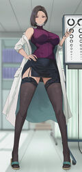  bare_shoulders black_thighhighs blush breasts coat eye_chart female full_body garter_straps hair_behind_ear hand_on_own_hip highres holding holding_pointer indoors kesoshirou lab_coat landolt_c large_breasts legs_apart long_sleeves looking_at_viewer mask mask_pull mouth_mask off_shoulder original parted_lips pencil_skirt pointer purple_eyes short_hair side_slit single_garter_strap skirt sleeveless sleeveless_turtleneck sleeves_rolled_up solo standing surgical_mask thighhighs thighs tiptoes turtleneck white_coat 