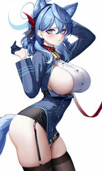  absurdres ako_(blue_archive) animal_ears bell black_garter_straps black_thighhighs blue_archive blue_eyes blue_gloves blue_hair blue_halo blush breasts commentary crossed_bangs dog_ears eternity_(shadeh) female from_side garter_straps gloves hair_between_eyes halo highres large_breasts leash long_sleeves parted_lips sideboob simple_background solo tail thighhighs thighs white_background 