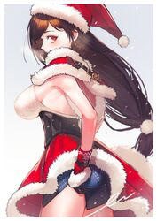  armpit_crease backless_outfit bare_shoulders black_hair blue_skirt blush breasts breath capelet christmas commentary cowboy_shot enshou_(namarien) female final_fantasy final_fantasy_vii final_fantasy_vii_ever_crisis final_fantasy_vii_remake from_side fur-trimmed_capelet fur-trimmed_gloves fur-trimmed_headwear fur-trimmed_skirt fur_trim gloves gradient_background hair_ornament hat highres large_breasts long_hair looking_at_viewer low-tied_long_hair official_alternate_costume pom_pom_(clothes) pom_pom_hair_ornament profile red_capelet red_eyes red_hat red_skirt santa_hat signature skirt sleeveless sleeveless_turtleneck snowing solo sweater tifa_lockhart tifa_lockhart_(fairy_of_the_holy_flame) turtleneck turtleneck_sweater very_long_hair white_sweater 