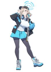  absurdres alternate_costume asuna_(blue_archive) baffu baseball_cap black_hat black_jacket black_pantyhose blonde_hair blue_archive blue_eyes blue_footwear blue_halo blue_shorts breasts commentary contrapposto fashion female full_body grin halo hand_on_own_hip hat headphones headphones_around_neck highres jacket large_breasts looking_at_viewer pantyhose parted_bangs shirt shorts simple_background smile solo standing white_background white_shirt 